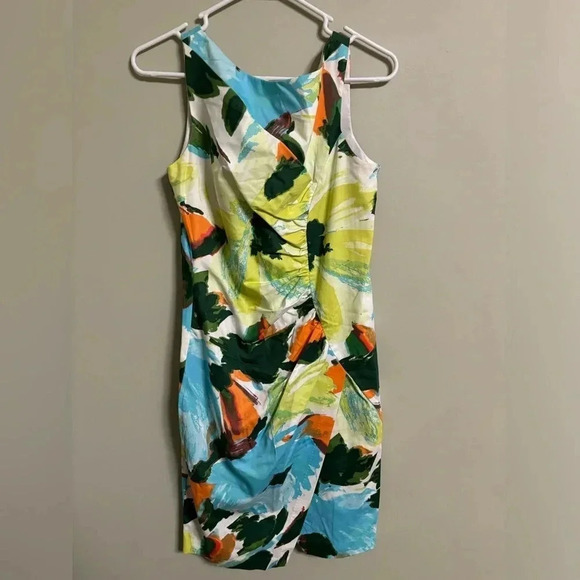 London Times Watercolor Print Ruched Wrap Dress Size 10 Sheath Sleeveless - Picture 1 of 6